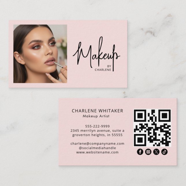 Tarjeta De Visita Blush Pink Script Social Icon QR Code Photo Makeup (Anverso / Reverso)