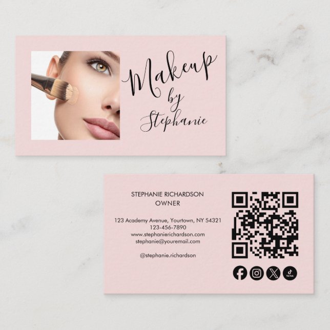 Tarjeta De Visita Blush Pink Script Social Icon QR Code Photo Makeup (Anverso / Reverso)