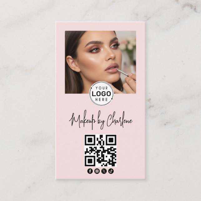 Tarjeta De Visita Blush Pink Script Social Icon QR Code Photo Makeup (Anverso)