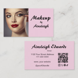 Tarjeta De Visita Blush Pink Script Social Icon QR Code Photo Makeup