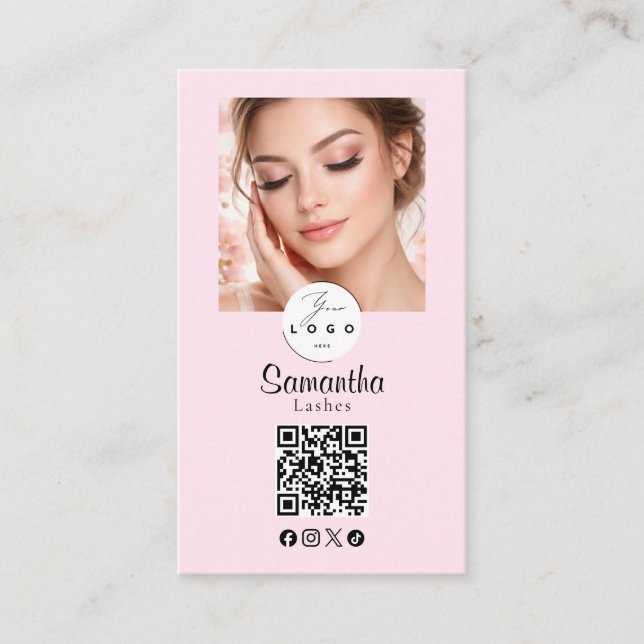 Tarjeta De Visita Blush Pink Script Social Icon QR Code Photo Makeup (Anverso)