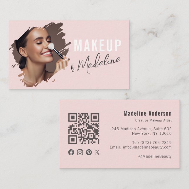 Tarjeta De Visita Blush Pink Script Social Icon QR Code Photo Makeup (Anverso / Reverso)