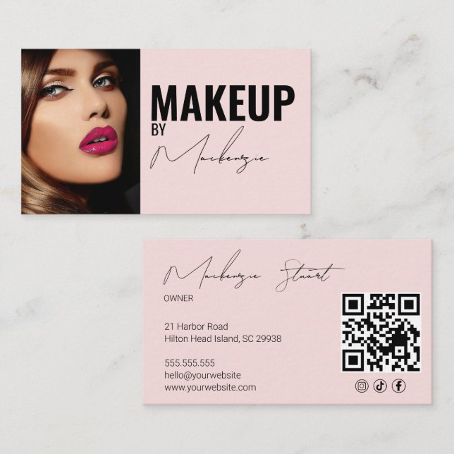 Tarjeta De Visita Blush Pink Script Social Icon QR Code Photo Makeup (Anverso / Reverso)