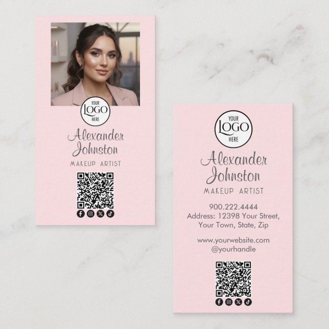 Tarjeta De Visita Blush Pink Script Social Icon QR Code Photo Makeup (Anverso / Reverso)