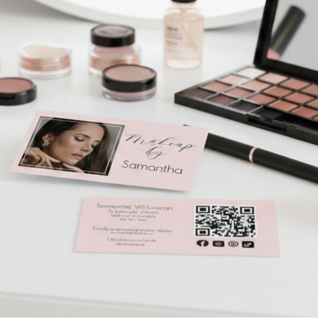 Tarjeta De Visita Blush Pink Script Social Icon QR Code Photo Makeup (Subido por el creador)