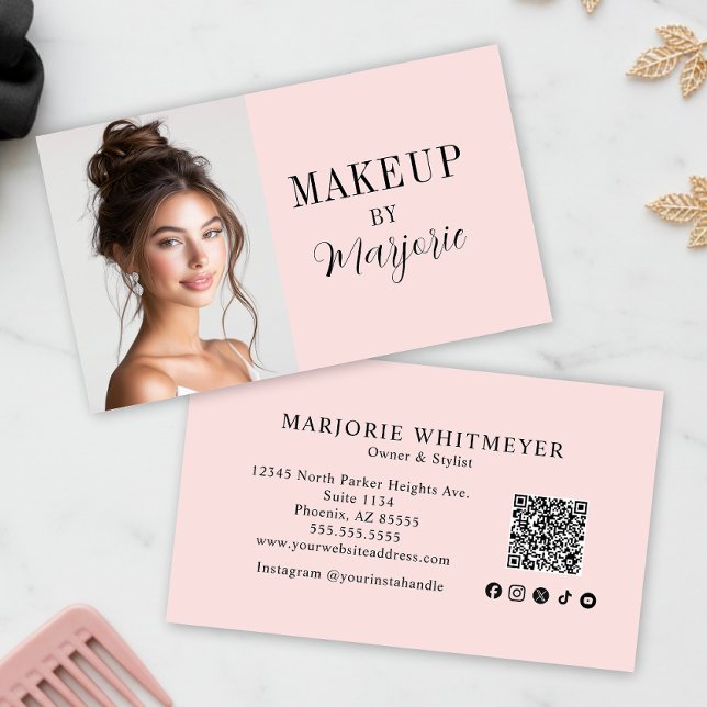 Tarjeta De Visita Blush Pink Script Social Icon QR Code Photo Makeup (modern black blush pink script photo makeup business card with modern typography qr code and social )