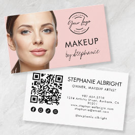 Tarjeta De Visita Blush Pink Script Social Icon QR Code Photo Makeup