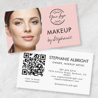 Tarjeta De Visita Blush Pink Script Social Icon QR Code Photo Makeup