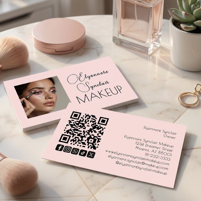 Tarjeta De Visita Blush Pink Script Social Icon QR Code Photo Makeup (Subido por el creador)
