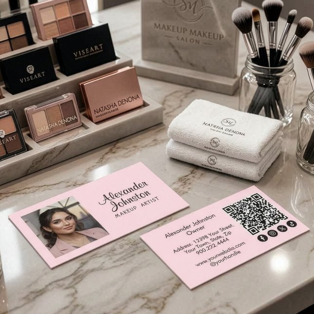Tarjeta De Visita Blush Pink Script Social Icon QR Code Photo Makeup (Pink Black Script Makup QR Photo Business Card)