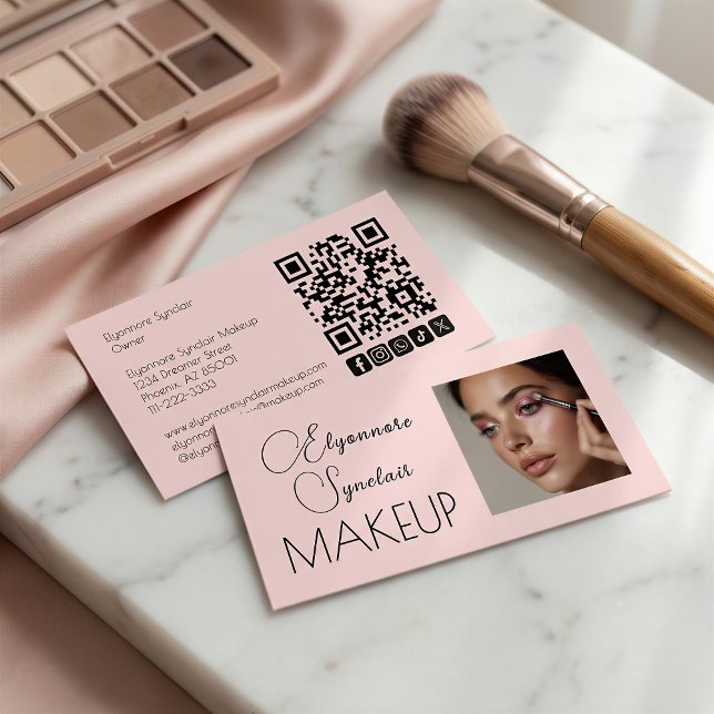 Tarjeta De Visita Blush Pink Script Social Icon QR Code Photo Makeup (Subido por el creador)