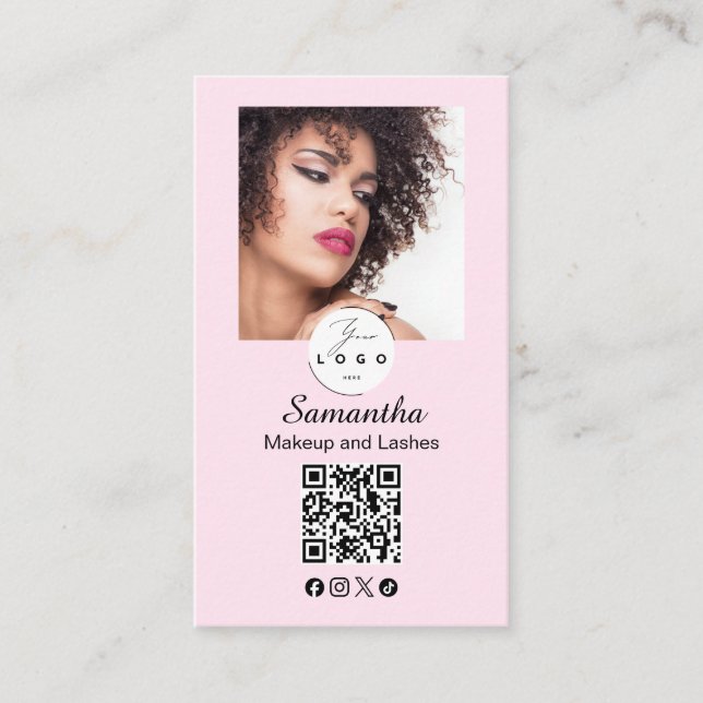 Tarjeta De Visita Blush Pink Script Social Icon QR Code Photo Makeup (Anverso)