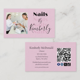 Tarjeta De Visita Blush Pink Script Social Icon QR Code Photo Nails