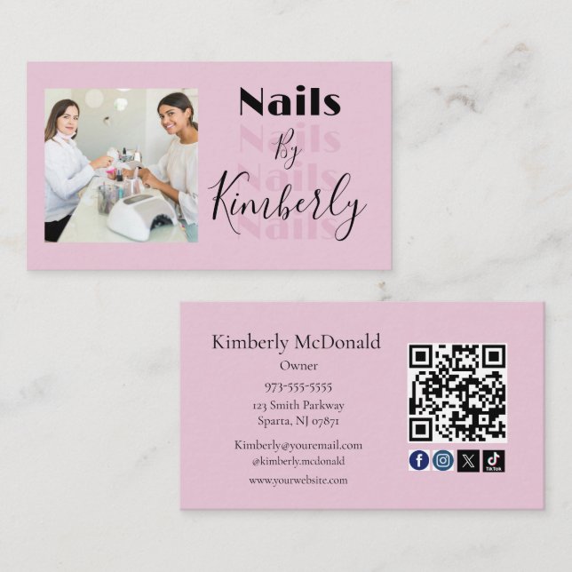 Tarjeta De Visita Blush Pink Script Social Icon QR Code Photo Nails (Anverso / Reverso)