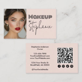 Tarjeta De Visita Blush Pink Script Social Icon QRCode Business Card