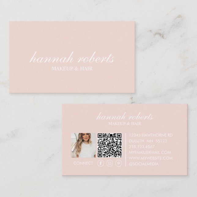 Tarjeta De Visita Blush Pink Script Social QR Code Photo Hair Makeup (Anverso / Reverso)