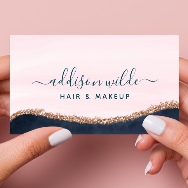 Tarjeta De Visita Blush Rosa Azul Marino Moderno Borde Dorado Abstra (Subido por el creador)