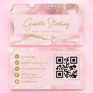 Tarjeta De Visita Blush Rosa Mármol Ágata Dorado Código QR Luxe