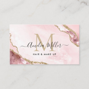 Tarjeta De Visita Blush Rosa Mármol Ágata Monograma para Peinado Maq