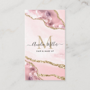 Tarjeta De Visita Blush Rosa Mármol Ágata Monograma para Peinado Maq
