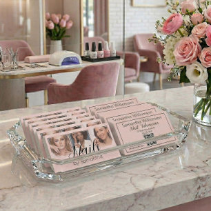 Tarjeta De Visita Blush Rosa Negro Script 3 Foto QR Code Tech de Uña