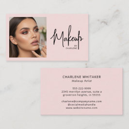 Tarjeta De Visita Blush Rosa Negro Script Foto Maquillaje