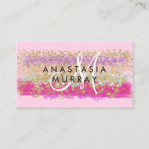 Tarjeta De Visita Blush Rosa y Dorado Glitter Monograma Blanco Color