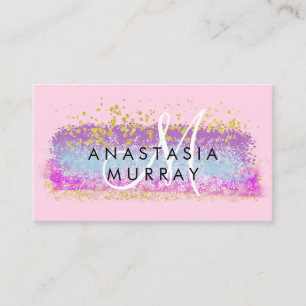 Tarjeta De Visita Blush Rosa y Dorado Glitter Monograma Blanco Color