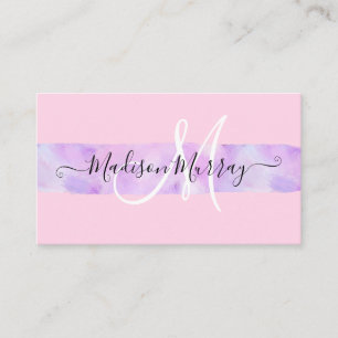 Tarjeta De Visita Blush Rosa y Lila Púrpura Monograma de Unicornio N