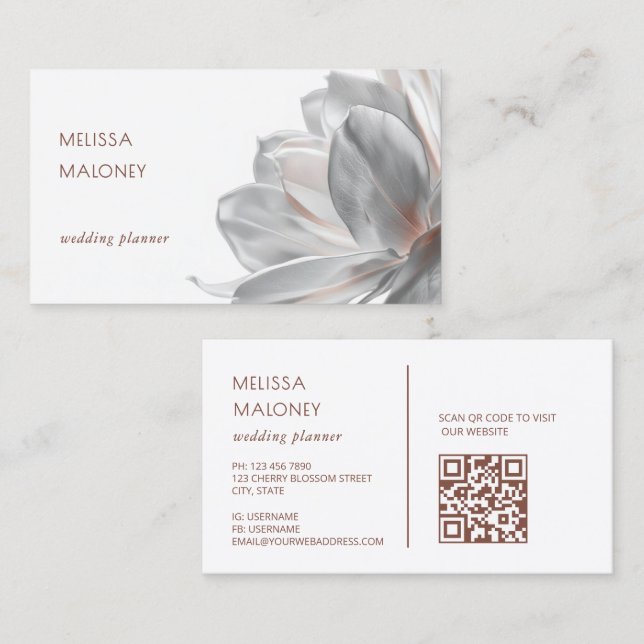 Tarjeta De Visita Blush Silver Magnolia White QR Code Business Card (Anverso / Reverso)