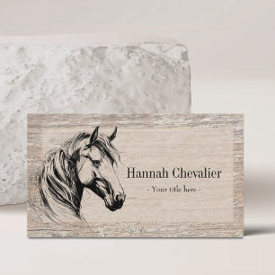 Tarjeta De Visita Boceto de Caballo Elegante en Madera Rústica Ecues