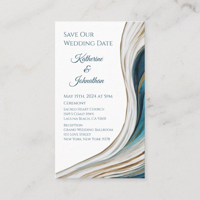 Tarjeta De Visita Boda Ahorra nuestra Fecha- Azul y Oro Modernos- (Anverso)