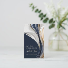 Tarjeta De Visita Boda Ahorre nuestra fecha- Blanco y Oro Azul moder