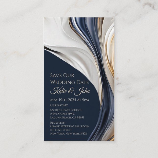 Tarjeta De Visita Boda Ahorre nuestra fecha- Blanco y Oro Azul moder (Anverso)