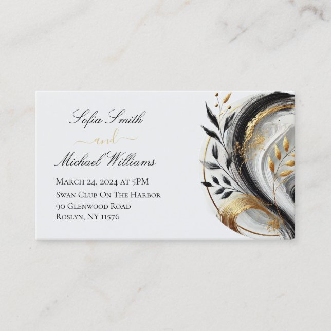 Tarjeta De Visita Boda Botánica Moderna Blanco Negro Dorado- (Anverso)