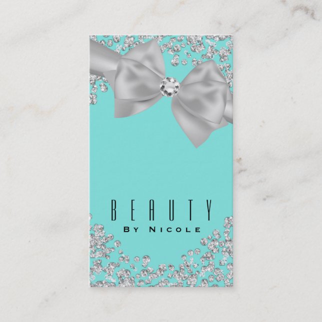 Tarjeta De Visita Boda Chic Diamantes Lazo Grande Azul Blanco (Anverso)