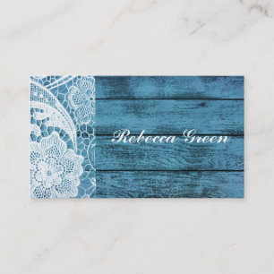 Tarjeta De Visita boda de campo de madera de grano azul de encaje bl