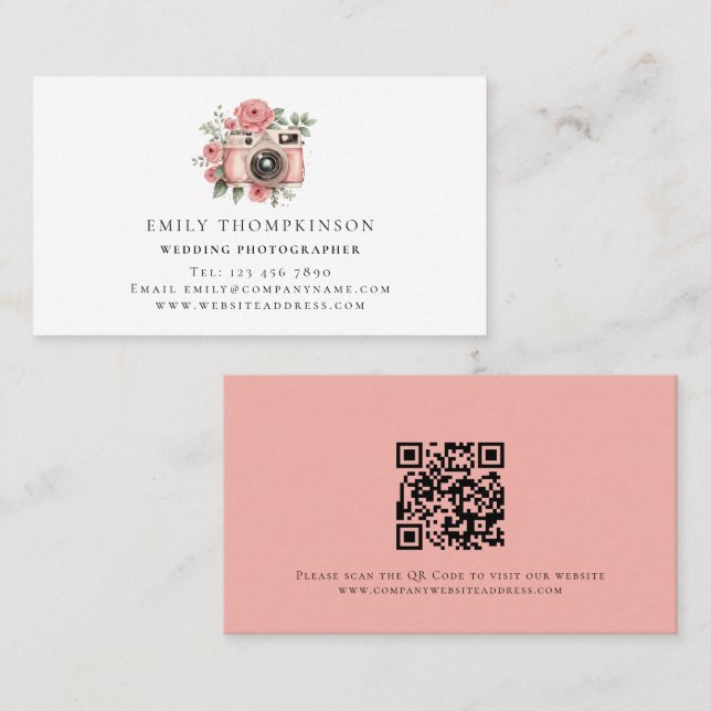 Tarjeta De Visita Boda de código QR Motif de cámara (Anverso / Reverso)