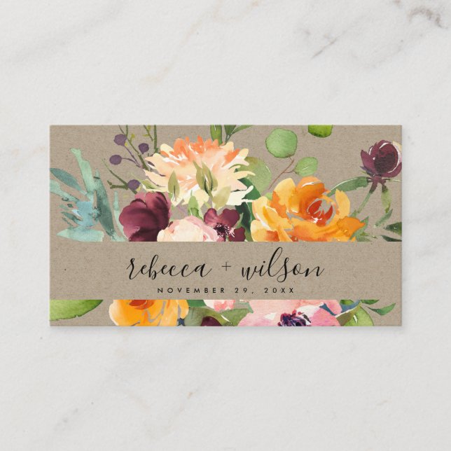 Tarjeta De Visita Boda DE FLORAL BUNCH NARANJA AMARILLO DE KRAFT GRA (Anverso)