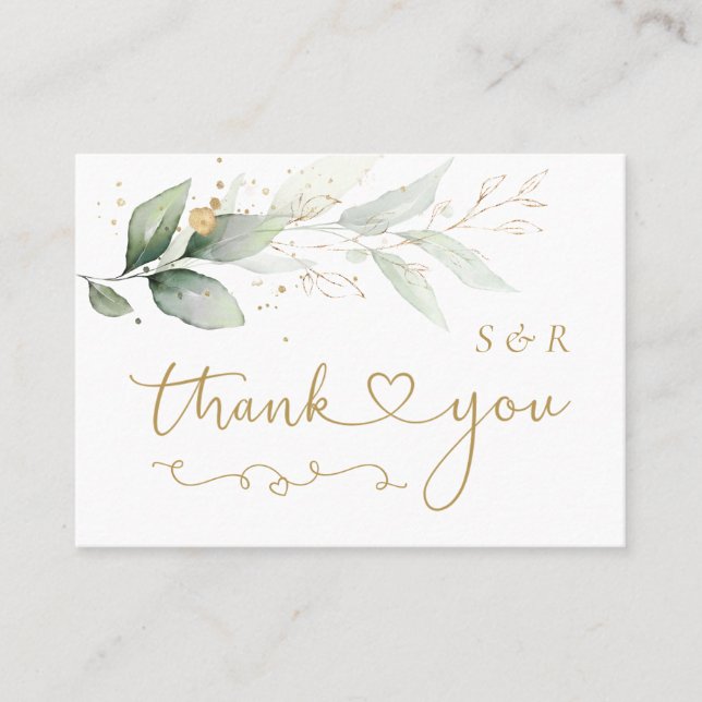 Tarjeta De Visita Boda de Foliage de oro verde acuarela Gracias (Anverso)