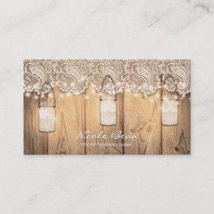 Tarjeta De Visita Boda de frasco de albañil iluminado y encaje de ma