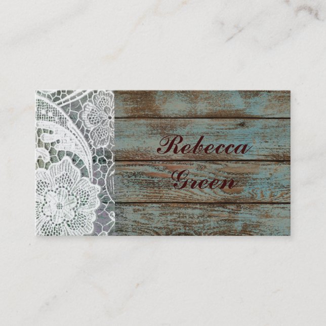 Tarjeta De Visita boda de madera de grano verde azulado de encaje bl (Anverso)