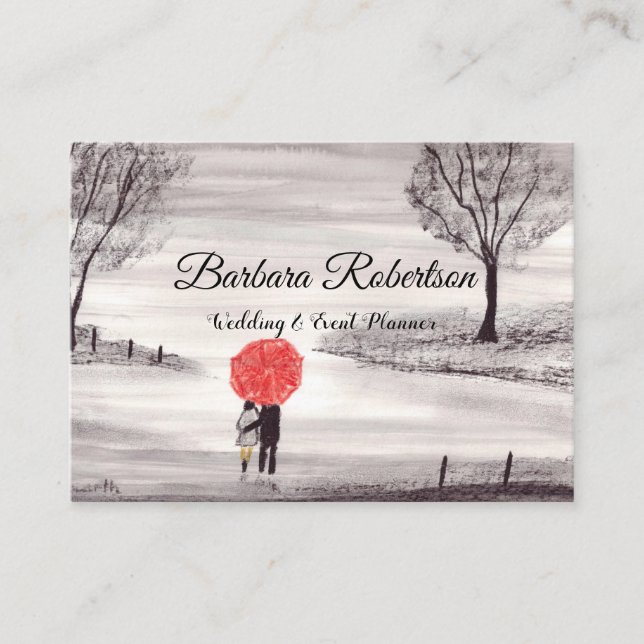 Tarjeta De Visita Boda de moda de moda Red Umbrella Love pareja (Anverso)