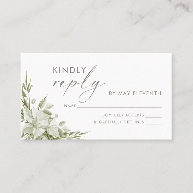 Tarjeta De Visita Boda de verde floral blanca Insertar RSVP (Anverso)