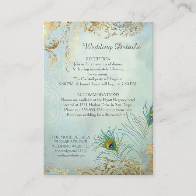 Tarjeta De Visita Boda Detalles Las Plumas De Pavo Real Elegantes Pe (Anverso)