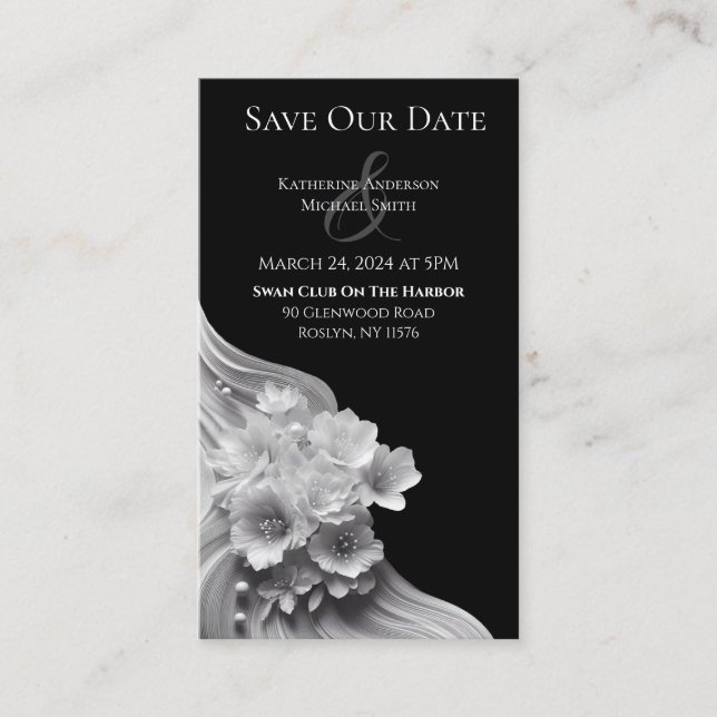 Tarjeta De Visita Boda floral moderno - negro y blanco (Anverso)