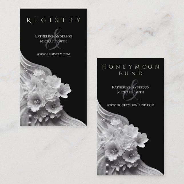 Tarjeta De Visita Boda floral moderno negro y blanco (Anverso / Reverso)