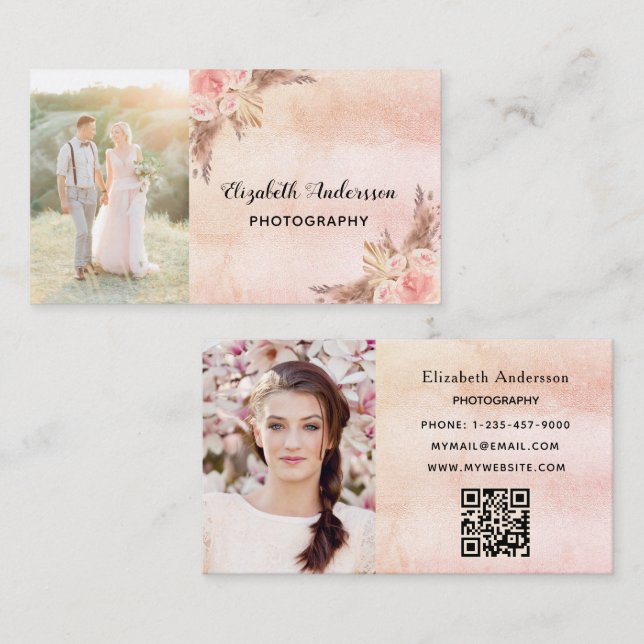Tarjeta De Visita Boda fotógrafo pampas césped código QR (Anverso / Reverso)