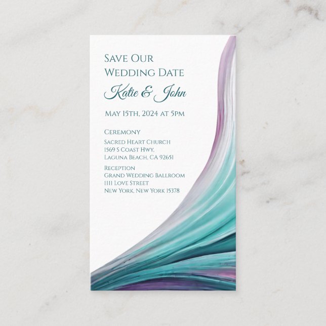 Tarjeta De Visita Boda Guardar nuestra fecha - Modern-Purple y Verde (Anverso)