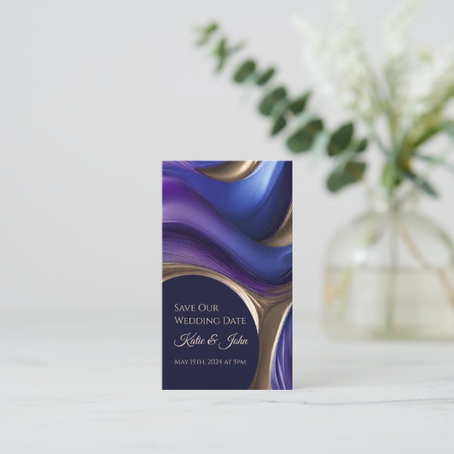 Tarjeta De Visita Boda Guardar nuestra fecha - Oro púrpura azul mode (Anverso de pie)